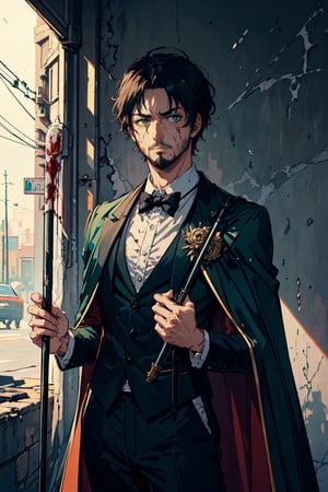 (-_-)masterpiece ,1man,blood on face,green eyes,thin beard,ambient light,short hair,serious face expression,green tuxedo,black anklepants,half cape,dark art,holding cane , dark skin