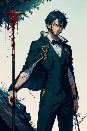 (-_-)masterpiece ,1man,blood on face,green eyes,thin beard,ambient light,short hair,serious face expression,green tuxedo,black anklepants,half cape,dark art,holding cane , dark skin