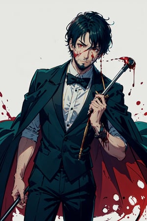 (-_-)masterpiece ,1man,blood on face,red eyes,thin beard,ambient light,short hair,serious face expression,green tuxedo,black anklepants,half cape,dark art,holding cane , dark skin