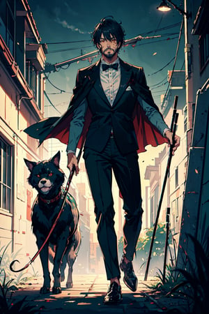 (-_-)masterpiece ,1man,blood on face,red eyes,thin beard,ambient light,short hair,serious face expression,green tuxedo,black anklepants,half cape,dark art,holding cane , dark skin