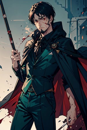 (-_-)masterpiece ,1man,blood on face,red eyes,thin beard,ambient light,short hair,serious face expression,green tuxedo,black anklepants,half cape,dark art,holding cane , dark skin