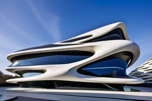 exterior of building, smooth form building, futuristic feeling, design by Zaha Hadid
