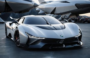  Ultra realistic 8K image, of a Shiny  Massive futurist spaceship with light edges and borders, parked on the ground in a space port hanger inspired by cyberpunk,wedge-shaped,  space area background, (Front Side view), sharp focus, Beautiful weather,symmetrical,spcrft,Starship,Huracán,zaha style,sifi style,futuristic car,NIO,Pagani style, furai style,no wheels,antigravity,Koenigsegg ccx,Fly in the air,symmetry car head,No car logo,1991 BMW Nazca C2,