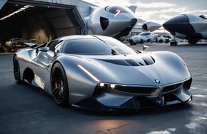  Ultra realistic 8K image, of a Shiny  Massive futurist spaceship with light edges and borders, parked on the ground in a space port hanger inspired by cyberpunk,wedge-shaped,  space area background, (Front Side view), sharp focus, Beautiful weather,symmetrical,spcrft,Starship,Huracán,zaha style,sifi style,futuristic car,NIO,Pagani style, furai style,no wheels,antigravity,Koenigsegg ccx,Fly in the air,symmetry car head,No car logo,1991 BMW Nazca C2,Pontiac Banshee Concept, Jaguar XJ220,