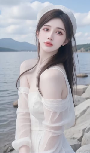 A woman is standing on the riverbank. She is wearing a white long sleeved dress and a white hat. Her hair draped over her shoulders, adding a touch of dynamism to her face. The sky is a soft blue with a few thin clouds that add depth to the scene. The woman's gaze turned towards the audience. The background is a peaceful lake, with rocks and mountains in the distance.