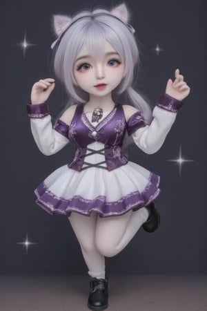 hd,8k,1girl, cute bjd girl, chibi character, chibi. cute background. dynamic pose (jumping), she wears a fancy sporting uniform (shirt, miniskirt, Cute leather shoes), open mouth, long  hair, ponytail hairstyle. little body, full body character. masterpiece. she is happy, cool,smiling. Himecut hairstyle, masterpiece, stars on the sides. loooking at viewer. Blush, tender smile.shiny pantyhose,dance,Exquisite dolls style