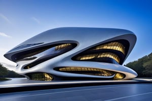 exterior of building, smooth form building, futuristic feeling, design by Zaha Hadid
