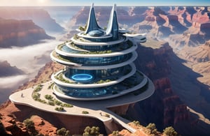 (The colonial city of the future, in the mist-filled Grand Canyon, on an unknown Earth-like planet, 2 moon on sky, Spaceship flight connects colonies:1.3), (Richard Meier:1.2), (Mario Botta:1.3), (avant-garde, future, reality, science fiction, photorealistic), (modern architecture:1.2), 
(Large Files, Ultra Realistic, 8K, 16k, FHD, HD, VFX, Perfect, Photography, composition, Architecture Sales Photography, Architecture Competition, Ultra High Resolution, Cinematography, High Resolution Image:1.1), (dramatic lighting, direct sunlight, ray tracing, clear shadow:1.2),  (real landscape:1.1), (blurred background:1.0), (urban background, more_details) ,
ac_neg1, great lighting, clear, hillscastel, zaha style,