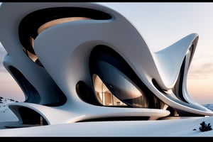 Zaha Hadid art style, design of a self sustain house, one floor, semy buried, hyper-realistic, 8k UHD, DSLR, soft lighting, high quality, film grain, Fuji-film XT3s
