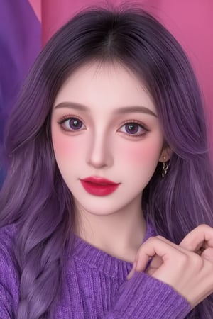 A photorealistic full-body portrait of a stunning 21yo hubggirl with perfect hands. She wears a vibrant purple sweater and double braids adorned with tiny earrings. Her shoulder-length purple hair is styled in intricate braids that cascade down her back. Her eyes are a deep, rich purple, framed by thick eyelashes and subtle makeup. A bold red lip color adds a pop of brightness to the overall gradient background, which transitions seamlessly from pink to purple. The subject's gaze is direct, with a hint of sassiness as she wears a trendy hat and sports a confident smile. Shut up, indeed!