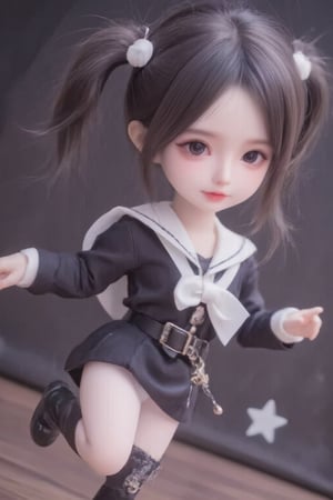 hd,8k,1girl, cute bjd girl, chibi character, chibi. cute background. dynamic pose (jumping), she wears a fancy sporting uniform (shirt, miniskirt, Cute leather shoes), open mouth, long  hair, ponytail hairstyle. little body, full body character. masterpiece. she is happy, cool,smiling. Himecut hairstyle, masterpiece, stars on the sides. loooking at viewer. Blush, tender smile.shiny pantyhose,dance,Exquisite dolls style