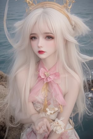 In a whimsical anime-inspired setting, a mature woman nurse sits majestically, adorned with a golden headpiece and long, flowing white hair. Her eyes sparkle like stars as she holds two intricately embroidered flowers in her outstretched hands. A delicate bow rests atop her golden crown. The soft glow of the surrounding misty veil illuminates her serene features, juxtaposed against the vibrant pink and yellow hues of her attire. White halter-necked top and pants blend seamlessly with the ocean's waves as she stands poised on the shore, surrounded by wispy fog and subtle starlight.