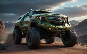 Masterpiece, 4k, High Resolution, Octane Render, Unreal Engine 5, Award Winning, Dramatic Lighting, Intricate, 8k Highly Professional Detail, HDR, Smooth, Sharp Focus, Illustration, Unreal Engine 5, Octane Render, Cinematic Light, dynamic volumetric lighting, Off-road suspension,baja, Armored vehicle,suv, all-terrain vehicle, concept, science fiction,gmc, Peterbilt 389,concept car,gmc,(f150:0.2),oshkosh m-atv jltv,humvee, Knight XV ,future,c_car,JB64,TechStreetwear,ROBOT,exosuit,LegendDarkFantasy, 3D SINGLE TEXT,HYPER REAL,mecha\(hubggirl)\,robot