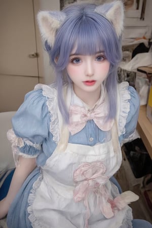 Animal ears,cat ears,male focus,apron,tail,cat tail,otoko no ko,open mouth,blue hair,solo,white hair,maid headdress,blue eyes,looking at viewer,wariza,hair ornament,cat boy,sitting,pale skin,bow,apron,far wide_shot hair eyes,far hair eyes,