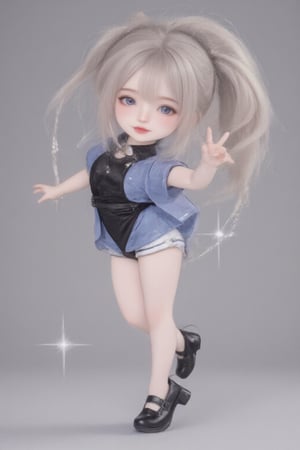 hd,8k,1girl, cute bjd girl, chibi character, chibi. cute background. dynamic pose (jumping), she wears a fancy sporting uniform (shirt, miniskirt, Cute leather shoes), open mouth, long  hair, ponytail hairstyle. little body, full body character. masterpiece. she is happy, cool,smiling. Himecut hairstyle, masterpiece, stars on the sides. loooking at viewer. Blush, tender smile.shiny pantyhose,dance,