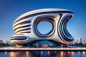 exterior of building, smooth form building, futuristic feeling, design by Zaha Hadid
