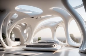 Zaha Hadid art style, design of a self sustain house, one floor, semy buried, hyper-realistic, 8k UHD, DSLR, soft lighting, high quality, film grain, Fuji-film XT3s
