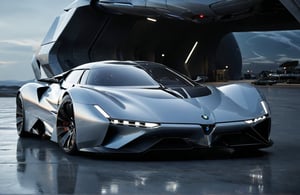  Ultra realistic 8K image, of a Shiny  Massive futurist spaceship with light edges and borders, parked on the ground in a space port hanger inspired by cyberpunk,wedge-shaped,  space area background, (Front Side view), sharp focus, Beautiful weather,symmetrical,spcrft,Starship,Huracán,zaha style,sifi style,futuristic car,NIO,Pagani style, furai style,no wheels,antigravity,Koenigsegg ccx,Fly in the air,symmetry car head,No car logo,1991 BMW Nazca C2,Pontiac Banshee Concept, jx220,