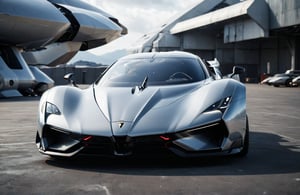  Ultra realistic 8K image, of a Shiny  Massive futurist spaceship with light edges and borders, parked on the ground in a space port hanger inspired by cyberpunk,wedge-shaped,  space area background, (Front Side view), sharp focus, Beautiful weather,symmetrical,spcrft,Starship,Huracán,zaha style,sifi style,futuristic car,NIO,Pagani style, furai style,no wheels,antigravity,Koenigsegg ccx,Fly in the air,symmetry car head,No car logo,