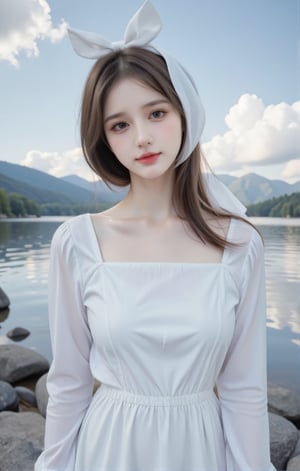 A woman is standing on the riverbank. She is wearing a white long sleeved dress , a white bow on head, Her hair draped over her shoulders, adding a touch of dynamism to her face. The sky is a soft blue with a few thin clouds that add depth to the scene. The woman's gaze turned towards the audience. The background is a peaceful lake, with rocks and mountains in the distance.long eyebow,Double upper eyelids,eye bag,half open eyes,shy,drop hand arm,