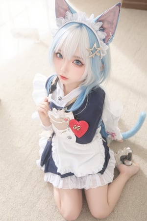 Animal ears,cat ears,male focus,apron,tail,cat tail,otoko no ko,open mouth,blue hair,solo,white hair,maid headdress,blue eyes,looking at viewer,wariza,hair ornament,cat boy,sitting,pale skin,bow,apron,far wide_shot hair eyes,far hair eyes,