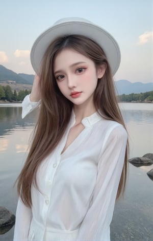 A woman is standing on the riverbank. She is wearing a white long sleeved dress and a white hat. Her hair draped over her shoulders, adding a touch of dynamism to her face. The sky is a soft blue with a few thin clouds that add depth to the scene. The woman's gaze turned towards the audience. The background is a peaceful lake, with rocks and mountains in the distance.long brown,Double upper eyelids,eye bag,