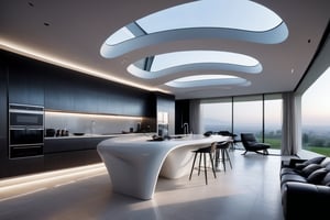 Zaha Hadid art style, design of a self sustain house, one floor, semy buried, hyper-realistic, 8k UHD, DSLR, soft lighting, high quality, film grain, Fuji-film XT3s
