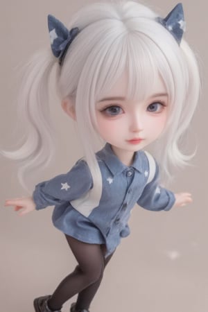 hd,8k,1girl, cute bjd girl, chibi character, chibi. cute background. dynamic pose (jumping), she wears a fancy sporting uniform (shirt, miniskirt, Cute leather shoes), open mouth, long  hair, ponytail hairstyle. little body, full body character. masterpiece. she is happy, cool,smiling. Himecut hairstyle, masterpiece, stars on the sides. loooking at viewer. Blush, tender smile.shiny pantyhose,dance,Exquisite dolls style