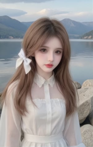 A woman is standing on the riverbank. She is wearing a white long sleeved dress and a white bow. Her hair draped over her shoulders, adding a touch of dynamism to her face. The sky is a soft blue with a few thin clouds that add depth to the scene. The woman's gaze turned towards the audience. The background is a peaceful lake, with rocks and mountains in the distance.long brown,Double upper eyelids,eye bag,drop hand,