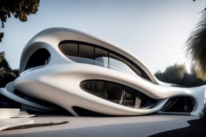 Zaha Hadid art style, design of a self sustain house, one floor, semy buried, hyper-realistic, 8k UHD, DSLR, soft lighting, high quality, film grain, Fuji-film XT3s
