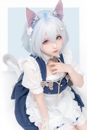 Animal ears,cat ears,male focus,apron,tail,cat tail,otoko no ko,open mouth,blue hair,solo,white hair,maid headdress,blue eyes,looking at viewer,wariza,hair ornament,cat boy,sitting,pale skin,bow,apron,far wide_shot hair eyes,far hair eyes,