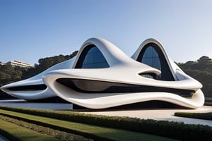 exterior of building, smooth form building, futuristic feeling, design by Zaha Hadid
