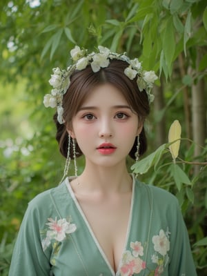  A young Asian woman wearing a flower wreath,1girl, with a green kimono adorned with flowers,She is adorned with a bold red lip adding a pop of color to her outfit. Her eyes are a piercing blue her eyebrows are a darker shade of brown and her lips are a lighter shade of red. The background is a bamboo forest, A large number of bamboo leaves are falling in the air.big eyes,