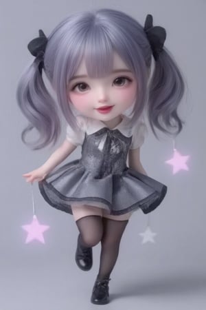 hd,8k,1girl, cute bjd girl, chibi character, chibi. cute background. dynamic pose (jumping), she wears a fancy sporting uniform (shirt, miniskirt, Cute leather shoes), open mouth, long  hair, ponytail hairstyle. little body, full body character. masterpiece. she is happy, cool,smiling. Himecut hairstyle, masterpiece, stars on the sides. loooking at viewer. Blush, tender smile.shiny pantyhose,dance,