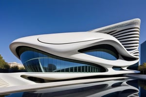 exterior of building, smooth form building, futuristic feeling, design by Zaha Hadid
