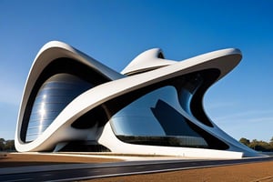 exterior of building, smooth form building, futuristic feeling, design by Zaha Hadid
