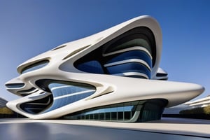 exterior of building, smooth form building, futuristic feeling, design by Zaha Hadid
