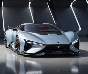  Ultra realistic 8K image, of a Shiny  Massive futurist spaceship with light edges and borders, parked on the ground in a space port hanger inspired by cyberpunk,wedge-shaped,  space area background, (Front Side view), sharp focus, symmetrical,fly car ,spcrft,Lamborghini 1980,Starship,HuracánCar,zaha style,c_car,style,futuristic car,NIO,NISSAN,Cars