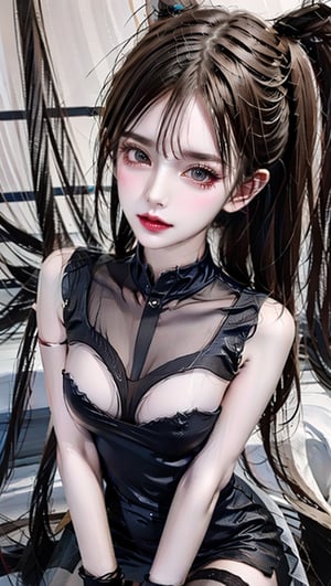 ((1girl)),kozuki hiyori, (3d rendering),(3d girl), ((solo)), Half body,slightly raised lips,deep red lipstick,Beautiful and delicate eyes,An extremely delicate and beautiful girl,cute, details, (Long straight hairs),((blue-green hair:0.8)),big eyes,( detailed beautiful eyes), ( detailed face), (extremely detailed CG, ultra-detailed, best shadow), ((depth of field)), (loses black shirt),flowers and petals,ffff,shiny oil pantyhose