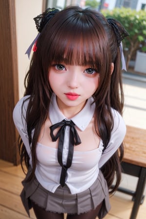 realism, photorealistic,woman, pretty face, upper body, (((school uniform, ribbon))), (lace), short skirt, ((sexy pantyhose)), Taiwan cafe, bokeh