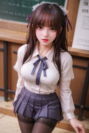 realism, photorealistic,woman, pretty face, upper body, (((school uniform, ribbon))), (lace), short skirt, ((sexy pantyhose)), Taiwan cafe, bokeh