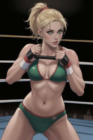 (masterpiece, best quality, highres), (realistic, realistic skin texture), 1girl, blonde ponytail hair, red lipstick, green eyes, (in a wrestling ring), (ready to fight stance), wearing a revealing sexy and hot bikini, solo, fit