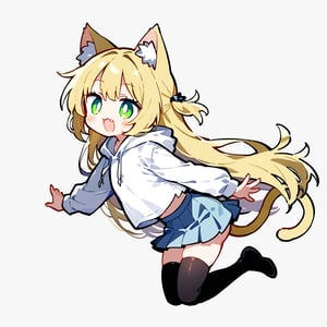 1girl,solo,loli,white shirt,simple background,white background,blonde hair,hood,light blue skirt,black_thighhighs,cat tail,there is a white line on the skirt,very long hair,cat ears,green eyes,upper body,open mouth, fang, :3,jumping,from_side,Expressiveh,concept art,dark theme