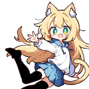 1girl,solo,loli,white shirt,simple background,white background,blonde hair,hood,light blue skirt,black_thighhighs,cat tail,there is a white line on the skirt,very long hair,cat ears,green eyes,upper body,open mouth, fang, :3,jumping,from_side,Expressiveh,concept art,dark theme