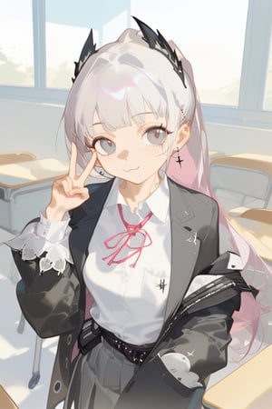 irene_(arknights),1girl, head_wings, solo, arm_behind_back, skirt, grey_hair, looking_at_viewer, long_hair, long_sleeves, jacket, shirt, school_uniform, pleated_skirt, black_jacket, grey_eyes, white_shirt, collared_shirt, indoors, :3, v, neck_ribbon, blush, desk, scar_across_eye, classroom, closed_mouth, smile, pink_ribbon, ribbon, jewelry, earrings, scar, hand_up, cowboy_shot, ponytail, blazer, school_desk, best quality, amazing quality, very aesthetic, absurdres , endou_okito,ciloranko,ask (askzy),harev, watercolor