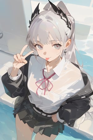 irene_(arknights),1girl, head_wings, solo, arm_behind_back, skirt, grey_hair, looking_at_viewer, long_hair, long_sleeves, jacket, shirt, school_uniform, pleated_skirt, black_jacket, grey_eyes, white_shirt, collared_shirt, indoors, :3, v, neck_ribbon, blush, scar_across_eye, closed_mouth, smile, pink_ribbon, ribbon, jewelry, earrings, scar, hand_up, cowboy_shot, ponytail, blazer, best quality, amazing quality, very aesthetic, absurdres , endou_okito,ciloranko,ask (askzy),harev, watercolor,wet_clothes, bathing, tiny cup, stick out tongue, semi-transparent clothes