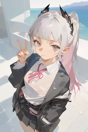 irene_(arknights),1girl, head_wings, solo, arm_behind_back, skirt, grey_hair, looking_at_viewer, long_hair, long_sleeves, jacket, shirt, school_uniform, pleated_skirt, black_jacket, grey_eyes, white_shirt, collared_shirt, indoors, :3, v, neck_ribbon, blush, scar_across_eye, closed_mouth, smile, pink_ribbon, ribbon, jewelry, earrings, scar, hand_up, cowboy_shot, ponytail, blazer, best quality, amazing quality, very aesthetic, endou_okito,ciloranko,ask (askzy),harev, watercolor,wet_clothes, bathing, tiny cup, stick out tongue, semi-transparent clothes