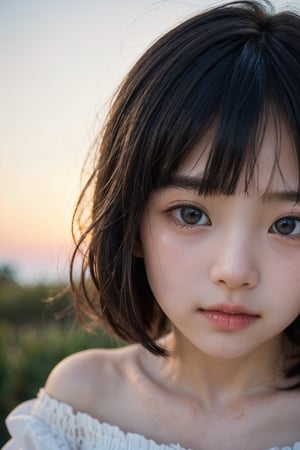 主：(Misty woods under sunset),(((Focus on close-up photos of faces))),
人：1litte 1kid 7yo gril (Child:1.2), 
優：(((using Stable Diffusion 1.5 drawing texture))),
髮：(((short hair))),(((bangs))),(((Well-defined hair strands:1.4))),
服：(Off-the-shoulder),(deep V neckline),