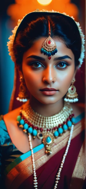 1girl, Indian lady, extremely beautiful, surreal dramatic lighting and shadow, splash detailed, (lofi, analog), kodak film by Brandon Woelfel and Ryan McGinley, moment eyes, captivating face, elegant and alluring, mid body, adorned in traditional attire with intricate jewelry, vibrant colors.