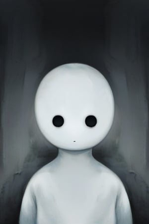 The entity, similar to a teenager boy without a mouth, with white empty eyes and white skin, looks sadly and resignedly into the sky.